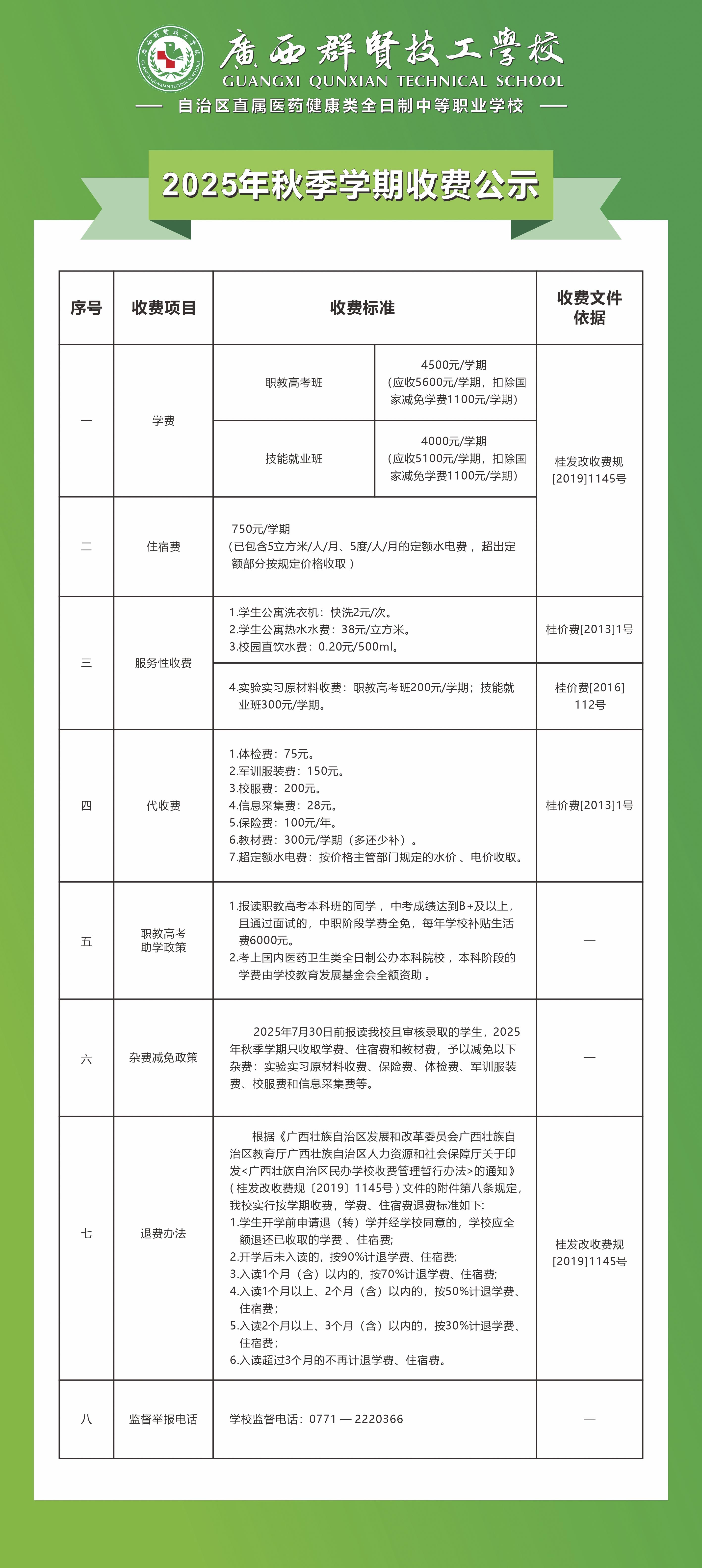 广西群贤技工学校2025年秋季学期收费公示(图1)