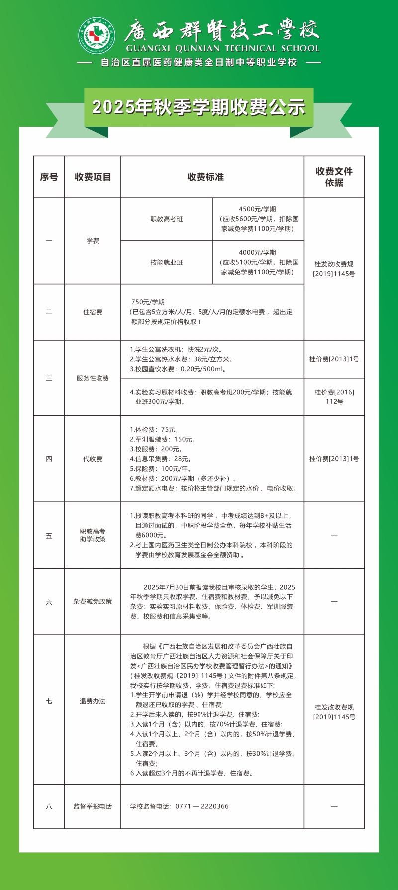 广西群贤技工学校2025年秋季学期收费公示(图1)